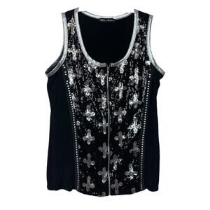 Biker Pride womens XL large black tank sequin cross silver moto harley zip up